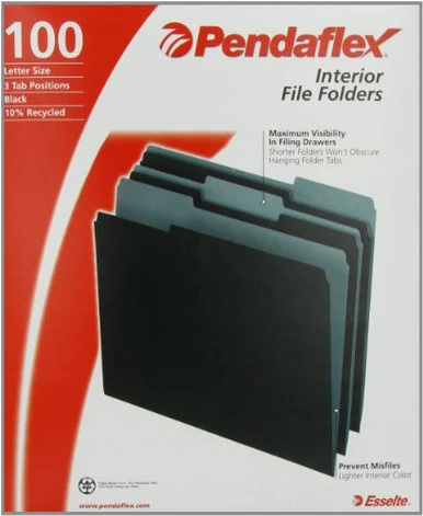 Pendaflex Interior File Folder - Letter - 8.50" X 11" - 1/3 Tab Cut - Assorted Position Tab Location - Black - 100 / Box (421013BLA)