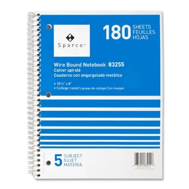 Sparco Quality Wirebound 5-subject Notebook - 180 Sheet - College Ruled - 8" X 10.50" - 1 Each - Bright White Paper Assorted Cover (SPR83255)