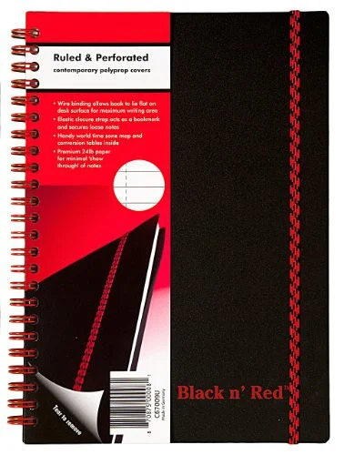 John Dickinson Black N' Red Perforated Notebook - 70 Sheet - 24 Lb - Ruled - A5 5.88" X 8.25" - 1 Each - White Paper (C67009)