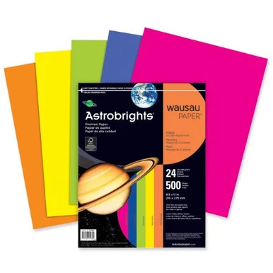 Astrobrights Cover Stock Paper - For Laser Print - 8.50" X 11" - 24 Lb - Recycled - 500 / Ream - Violet, Yellow, Orange, Violet, Fuchsia (WAU21289)