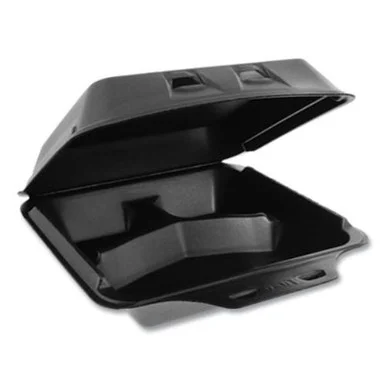 Pactive YHLB09030000 Smartlock Foam Hinged Containers, Large, 9 X 9.5 X 3.25, 3-compartment, Black, 150/carton