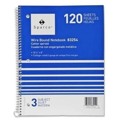 Sparco Quality Wirebound 1-subject Notebook - 70 Sheet - 16 Lb - College Ruled - 8" X 10.50" - 1 Each - Bright White Paper Assorted Cover (SPR83253)