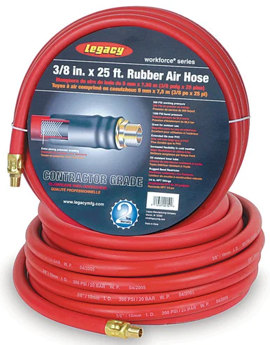 Legacy Manufacturing HRE3850RD2 Workforce Air Hose, 3/8" X 50', 1/4" Fittings, Red, Rubber