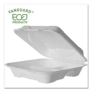 Eco Products EP-HC93NFA Vanguard Renewable And Compostable Sugarcane Clamshells, 3-compartment, 9 X 9 X 3, White, 200/carton