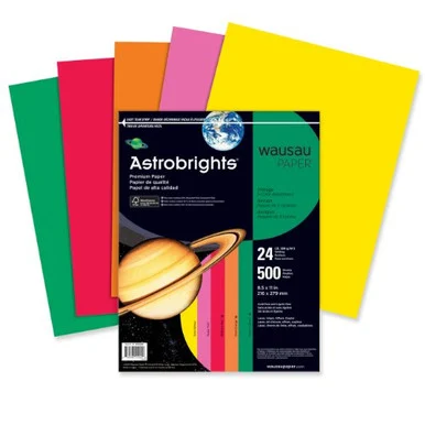 Astrobrights Card Stock - For Inkjet Print - Letter - 8.50" X 11" - 24 Lb - Recycled - 500 / Ream - Yellow, Red, Green, Orange, Yellow (WAU21224)