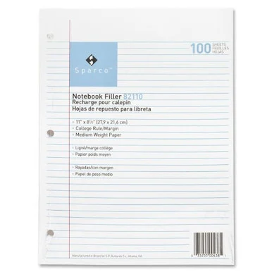 Sparco Notebook Filler Paper - 100 Sheet - 16 Lb - College Ruled - Letter 8.50" X 11" - 100 / Pack - White Paper (SPR82110)