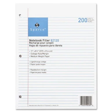 Sparco Notebook Filler Paper - 200 Sheet - 16 Lb - College Ruled - Letter 8.50" X 11" - 200 / Pack - White Paper (SPR82120)