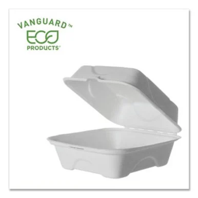 Eco Products EP-HC6NFA Vanguard Renewable And Compostable Sugarcane Clamshells, 1-compartment, 6 X 6 X 3, White, 500/carton