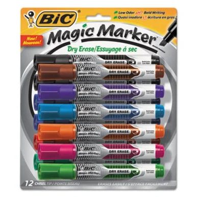 Bic Corporation GELITP121AST Magic Marker Low Odor & Bold Writing Tank Style Dry Erase Marker, Asst., 12/pk