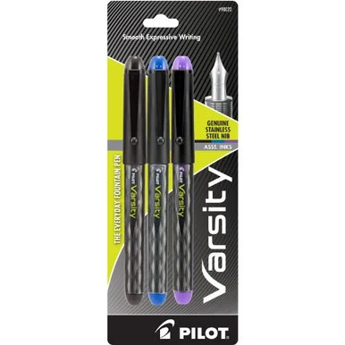 Pilot Varsity Disposable Fountain Pen - Medium Pen Point Type - Black, Blue, Purple Ink - Black Barrel - 3 / Pack (PIL90022)