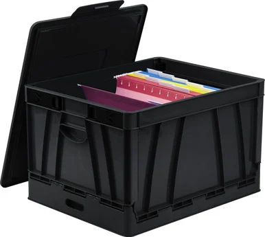 Storex Collapsible Storage Crate - 45 Lb - 9.25 Gal - Media Size Supported: Letter, Legal - Lid Lock Closure - Heavy Duty - Stackable - Plastic - Black - For File Folder, Letter, Document, (61809u04c)