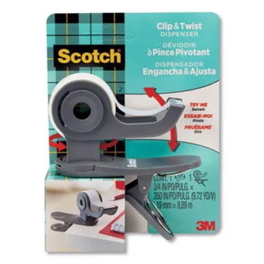 3m C19CLIP Clip And Twist Desktop Tape Dispenser, With 3/4" X 350" Tape Roll, 1" Core, Gray