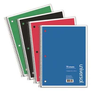 Universal Office Products 66614 1 Sub. Wirebound Notebook, 8 X 10 1/2, College Rule, 70 Sheets, Asst Cover, 4/pk
