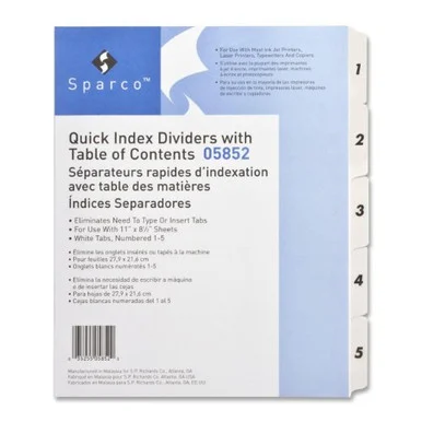 Sparco Quick Index Table Of Contents Divider - 5 X Divider - Printed1-5 - 5 / Set - White Divider - White Tab (SPR05852)