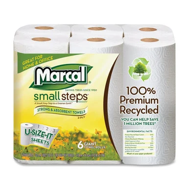 Marcal Small Steps Recycled U-size-it Roll Paper Towels - 2 Ply - 140 Sheets/roll - 6 / Carton - White (6181CT)