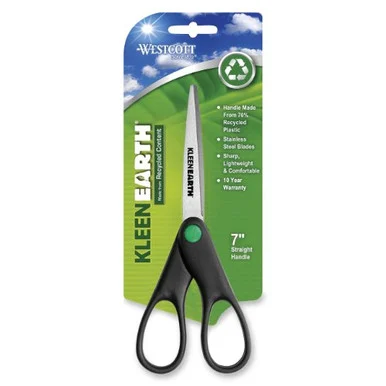 Westcott Kleenearth Recycled Scissors - 2.75" Cutting Length - 7" Overall Length - Pointed - Straight-left/right - Plastic, Stainless Steel - Black, Silver (ACM44218)