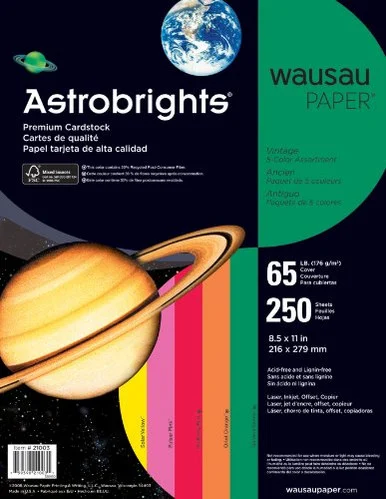 Astrobrights Card Stock - For Inkjet, Inkjet Print - Letter - 8.50" X 11" - 65 Lb - 250 / Pack - Green, Orange, Violet, Fuchsia, Yellow (WAU21004)