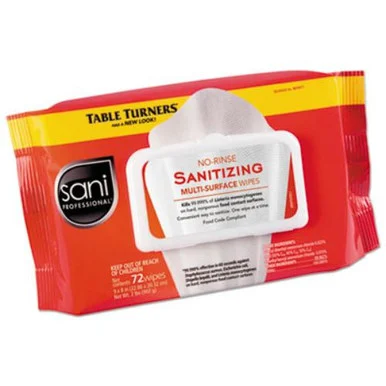 Nice-Pak M30472 Table Turners No-rinse Sanitizing Wipes, 9" X 8", White, 72 Wipes/pk, 12/carton