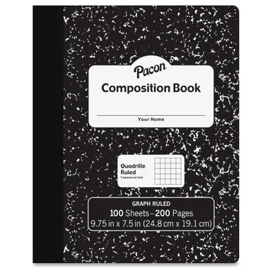 Pacon Marble Hard Cover Quad Rule Composition Book - 100 Sheets - 200 Pages - Printed - Quad Ruled - White Paper - Black Marble Cover - 1each (mmk37103)