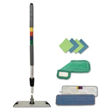 Boardwalk BWKMFKIT Microfiber Mopping Kit, 18" Mop Head, 35-60"handle, Blue/green/gray
