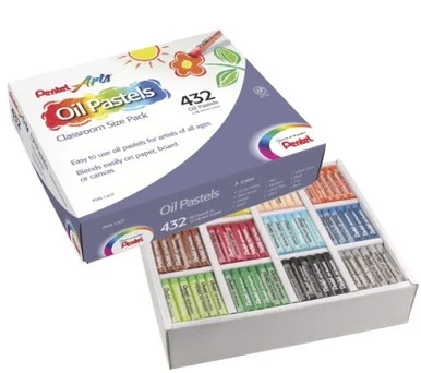 Pentel Oil Pastels Class Pack, Set Of 432 - 2.38" X 0.38" Crayon Size - Black, Brown, Cobalt Blue, Gray, Green, Orange, White, Red, Pale Blue, Pale Orange, Lime Yellow, ... Wax - 432 / Set (PHN12CP)