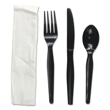 Boardwalk FKTNMWPSBLA Four-piece Cutlery Kit, Fork/knife/napkin/teaspoon, Black, 250/carton