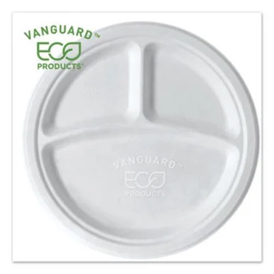 Eco Products EP-P007NFA Vanguard Renewable And Compostable Sugarcane Plates, 3 Compartment, 10", White, 500/carton