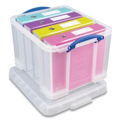 Really Useful Boxes Inc. 32C-PK3CB Snap-lid Storage Bin, 8.45 Gal, 14" X 18" X 12.25", Clear/blue, 3/pack