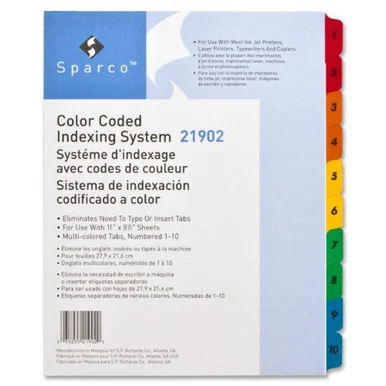 Sparco Color Coded Indexing System - Printed1-10 - 10 / Set - White Divider - Multicolor Tab (SPR21902)