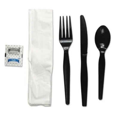 Boardwalk FKTNSHWPSBLA 6-pc. Cutlery Kit, Condiment/fork/knife/napkin/spoon, Heavyweight, Black, 250/ct