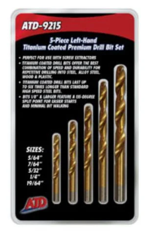 Atd Tools ATD-9215 Left-handed Titanium Coated Premium Drill Bit Set, 5-piece 9215_59