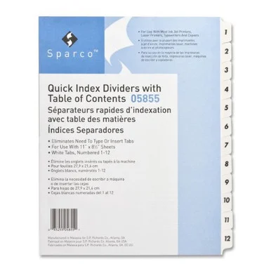Sparco Quick Index Table Of Contents Divider - 12 X Divider - Printed1-12 - 12 / Set - White Divider (SPR05855)