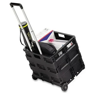 Safco Stow Away Folding Caddy - Telescopic Handle - 50 Lb Capacity - 2 Caster - 16.5" X 14.5" X 39" - Silver (4054BL)