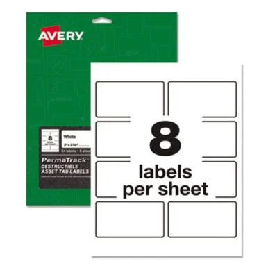 Avery Dennison 7278260539 Permatrack Destructible Asset Tag Labels, Laser Printers, 2 X 3.75, White, 8/sheet, 8 Sheets/pack