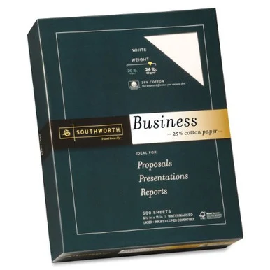 Southworth 24lb 25% Cotton Business Paper - For Laser, Inkjet Print - Letter - 8.50" X 11" - 24 Lb - Recycled - Wove - 500 / Box - White (404C)