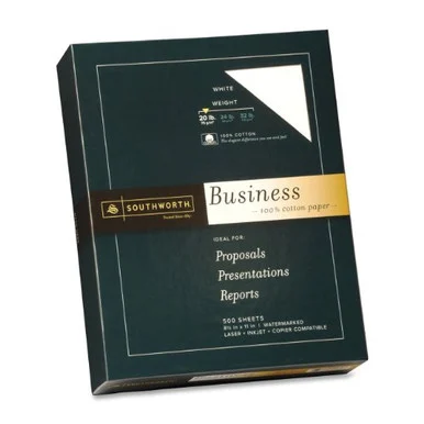 Southworth 100% Cotton Business Paper - For Laser Print - Letter - 8.50" X 11" - 20 Lb - Recycled - Wove - 500 / Box - White (13C)