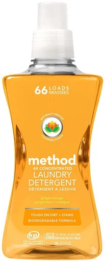 Method Products 01490 4x Concentrated Laundry Detergent, Ginger Mango, 53.5 Oz Bottle, 4/carton
