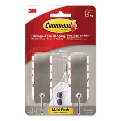 3m 17034BN2-ES Decorative Hooks, Medium, Brushed Nickel, 2 Hook And 4 Strips/pack