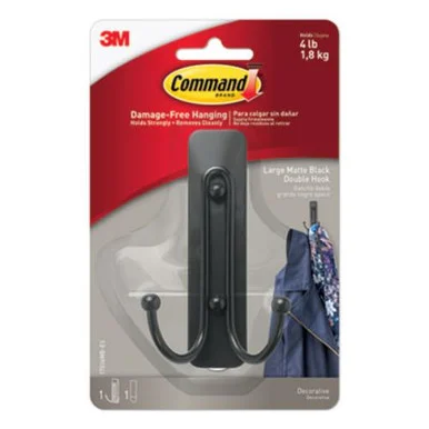 3m 17036MB-ES Adhesive Mount Metal Hook, Large, Double Hook, Matte Black Finish, 1 Hook And 1 Strip/pack