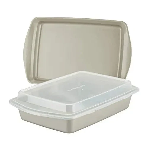 Rachael Ray 3-Piece Bakeware Set - 9 x 13 Cookie Pan, 9 x 13 Cake Pan, & Shared Plastic Lid