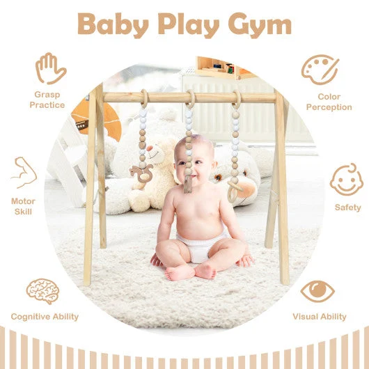 COSTWAY Portable 3 Wooden Newborn Baby Exercise Activity Gym Teething Toys Hanging Bar-Natural
