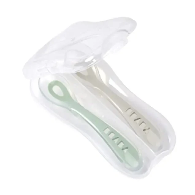 Beaba Toddler's Self-Feeding Spoon Set with Travel Case - Silicone Baby Spoons in Sage