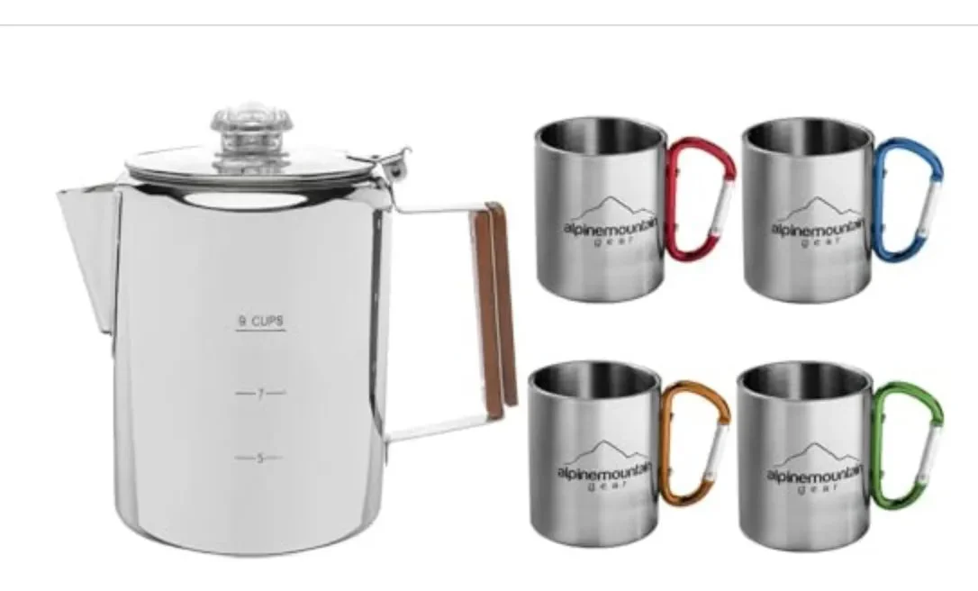 Alpine Mountain Gear 9-Cup Stainless Steel Coffee Percolator Set with Mugs