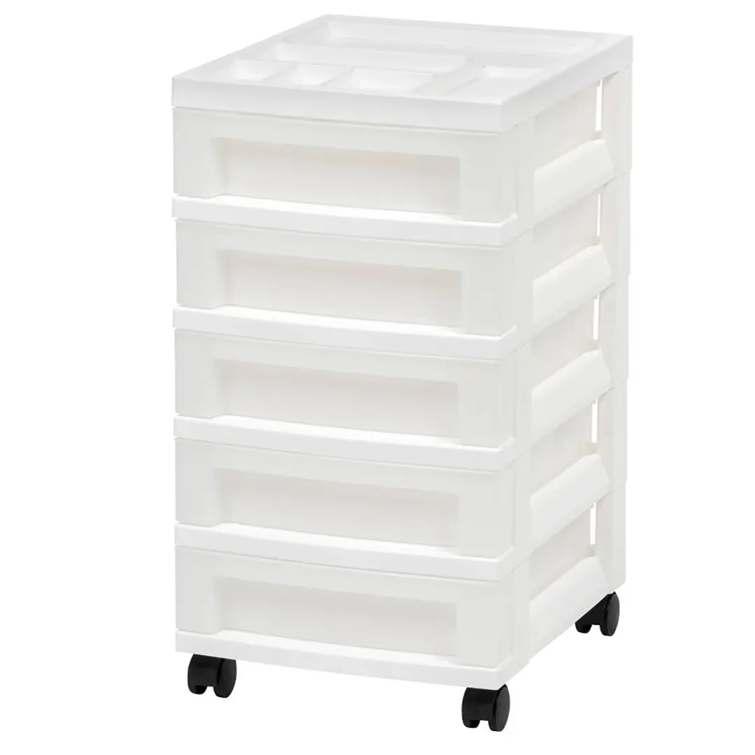 IRIS 5 Drawer Storage Cart with Organizer Top - White/Pearl