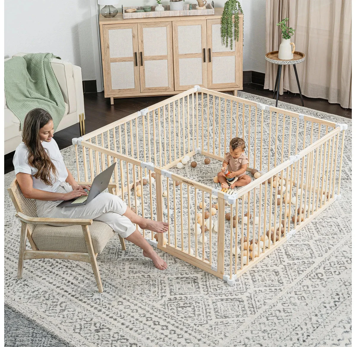 Comfy Cubs Foldable Wooden Baby Playpen - Natural Wood