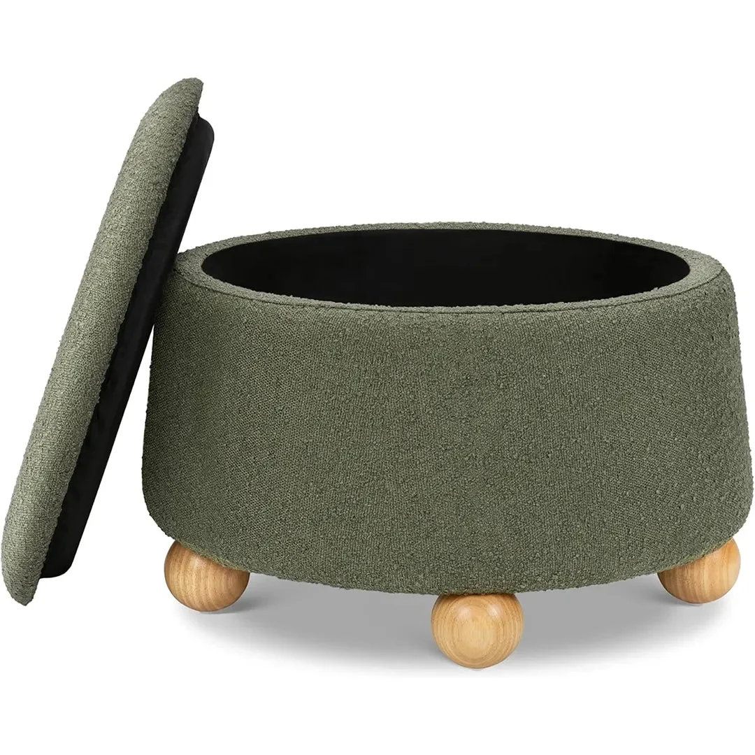 Namesake Tuffet Storage Ottoman - Performance Olive Boucle with Honey Ball Feet
