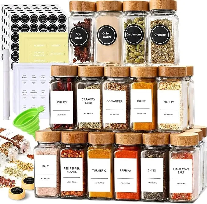 Le'raze 24 Glass Spice Jars with Labels, Bamboo Shaker Lids & Funnel, Airtight Food