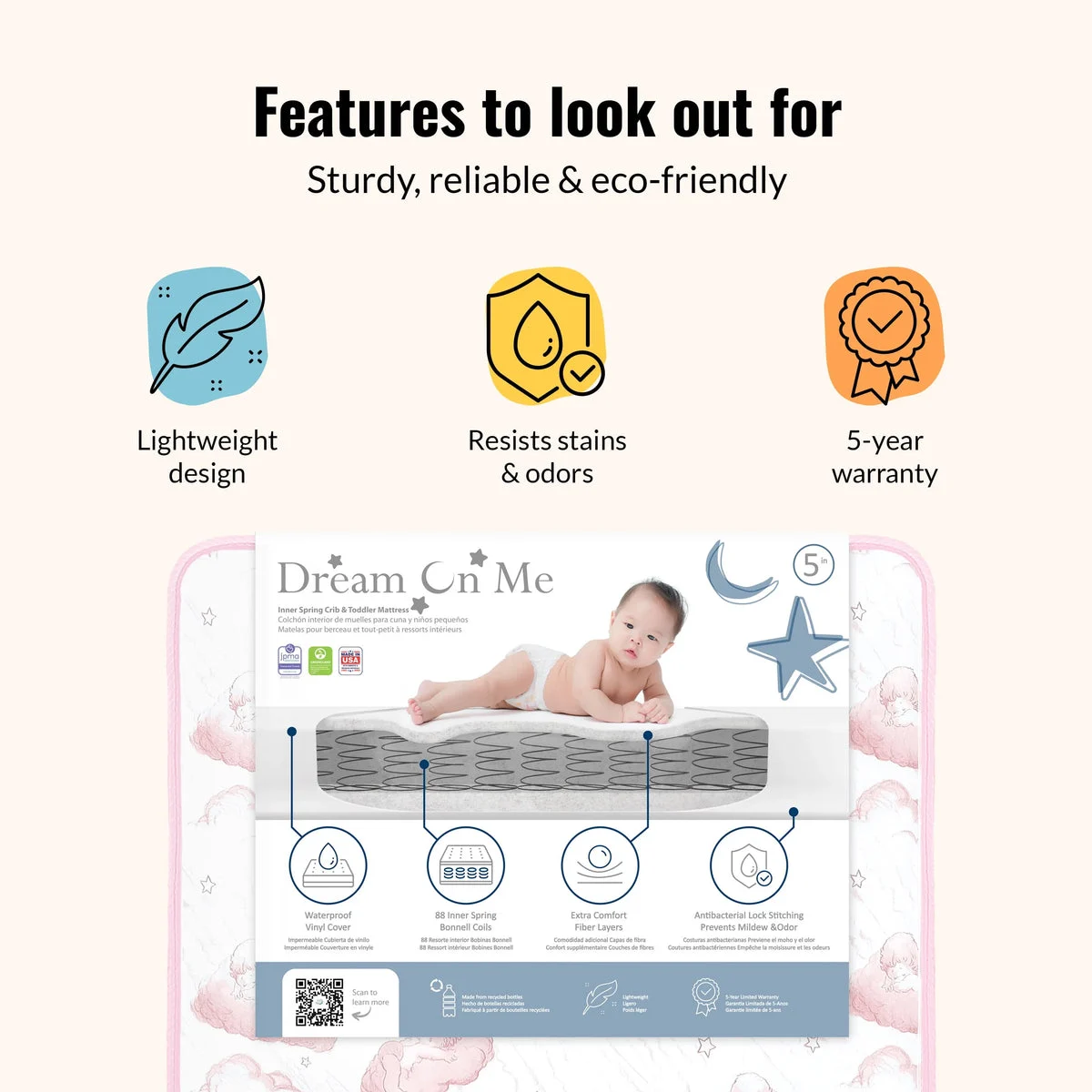 Dream On Me Twilight 80 Coil Spring Crib and Toddler Bed Mattress - Pink