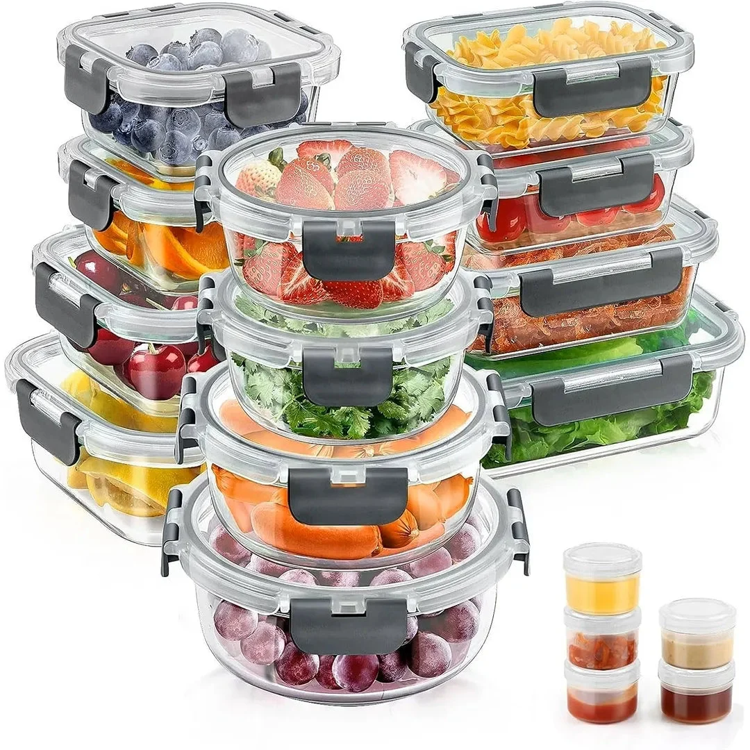 Taimasi 34pcs Glass Food Storage Containers with Lids Set, Airtight Meal Prep Containers (17 Containers & 17 Lids) - Grey