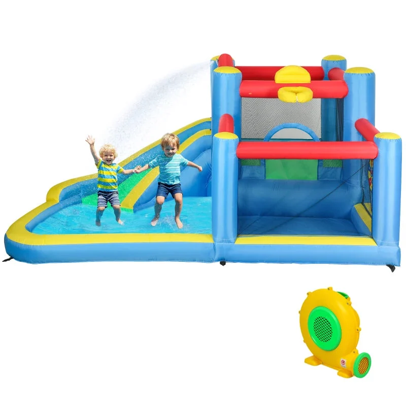 Qaba Inflatable Water Slide Bounce House w/ 550W Blower, Large Trampoline, Splash Pool, Basketball Hoop, Dart Board